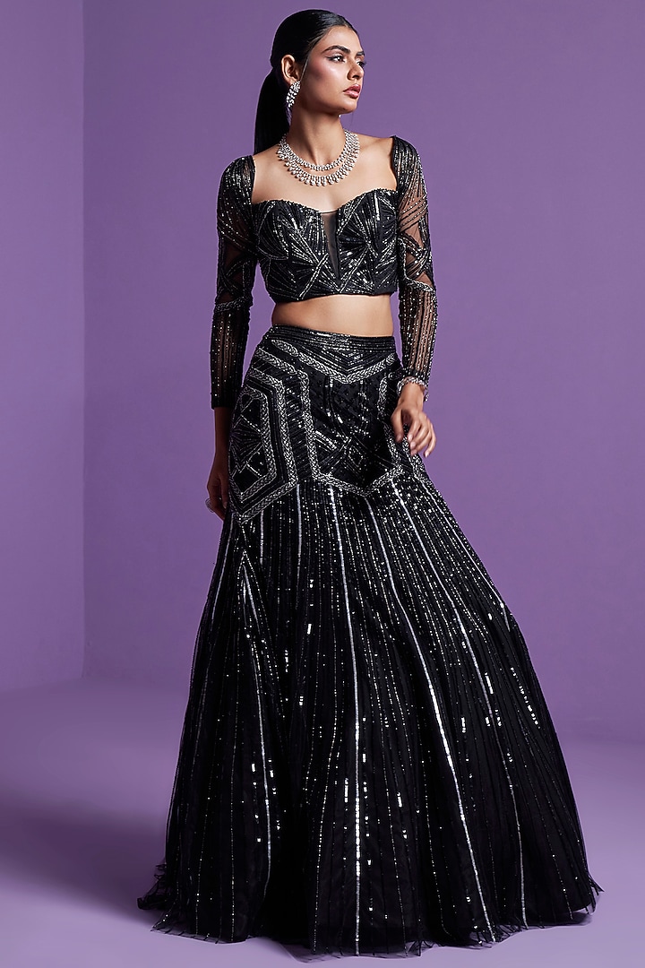 Black Mesh Embellished Wedding Lehenga Set by Parul Gandhi at Pernia's Pop Up Shop