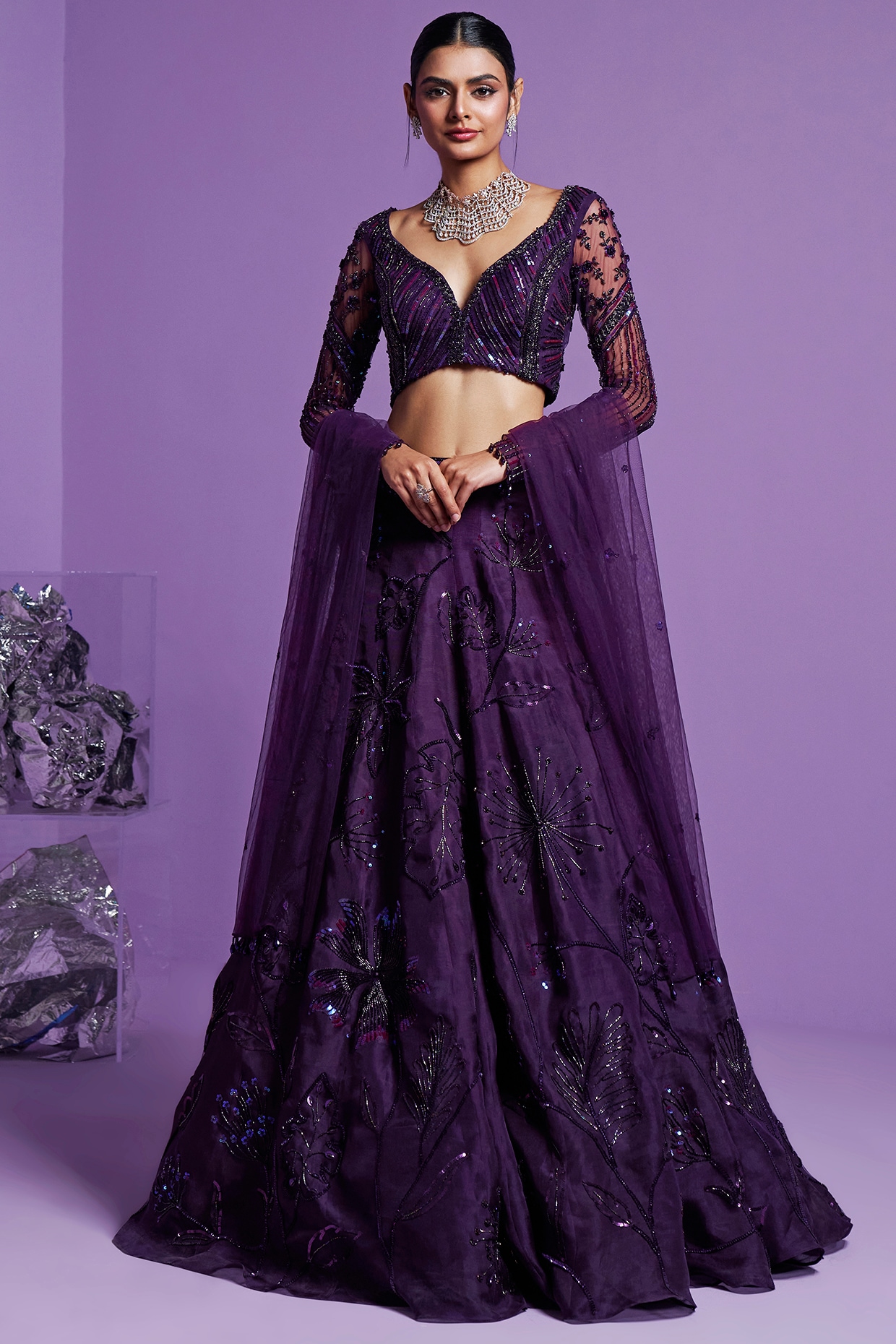 Buy Grey With Purple Silk Lehenga Choli Online - LSTV02586 | Andaaz Fashion