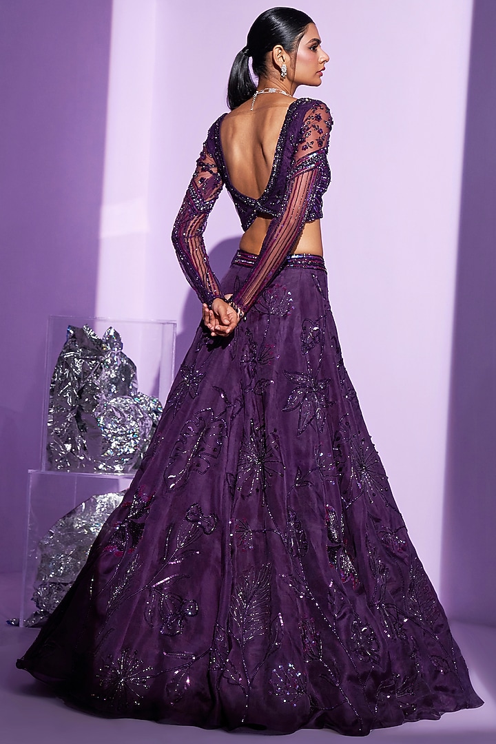Purple Silk Organza Embroidered A-line Wedding Lehenga Set by Parul Gandhi at Pernia's Pop Up Shop
