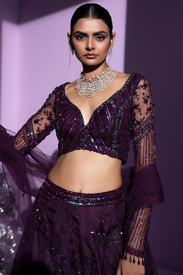 Purple Silk Organza Embroidered A-line Wedding Lehenga Set by Parul Gandhi at Pernia's Pop Up Shop