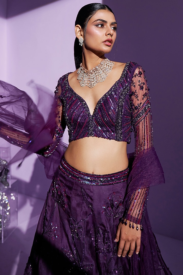 Purple Silk Organza Embroidered A-line Wedding Lehenga Set by Parul Gandhi at Pernia's Pop Up Shop