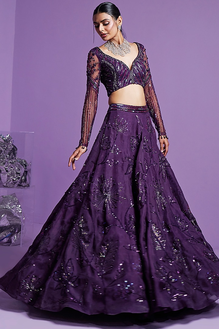 Purple Silk Organza Embroidered A-line Wedding Lehenga Set by Parul Gandhi at Pernia's Pop Up Shop