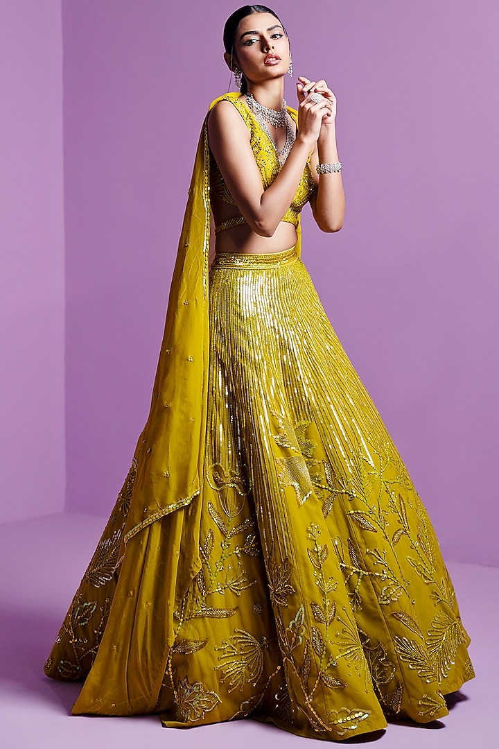 Lime Spectrum Mesh Embroidered A-line Lehenga Set by Parul Gandhi