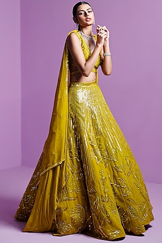 Lime Spectrum Mesh Embroidered A-line Lehenga Set by Parul Gandhi