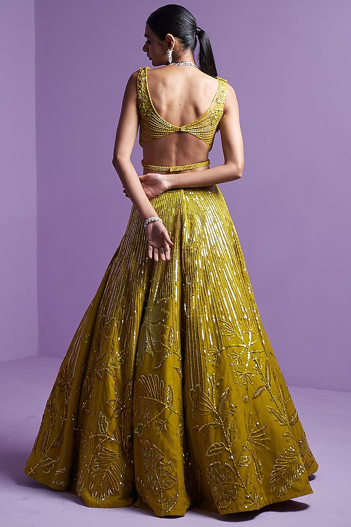 Lime Spectrum Mesh Embroidered A-line Wedding Lehenga Set by Parul Gandhi at Pernia's Pop Up Shop
