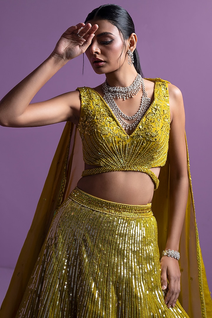 Lime Spectrum Mesh Embroidered A-line Wedding Lehenga Set by Parul Gandhi at Pernia's Pop Up Shop
