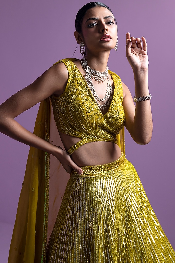 Lime Spectrum Mesh Embroidered A-line Wedding Lehenga Set by Parul Gandhi at Pernia's Pop Up Shop