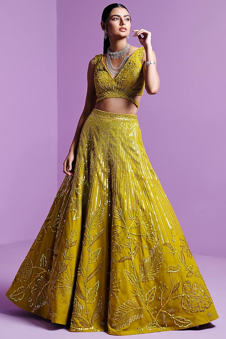 Lime Spectrum Mesh Embroidered A-line Wedding Lehenga Set by Parul Gandhi at Pernia's Pop Up Shop