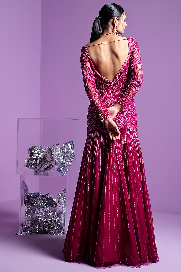 Prism Pink Mesh Embellished Mermaid Wedding Gown by Parul Gandhi at Pernia's Pop Up Shop