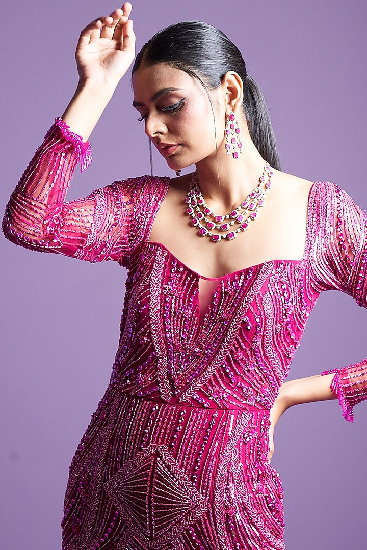 Prism Pink Mesh Embellished Mermaid Wedding Gown by Parul Gandhi at Pernia's Pop Up Shop