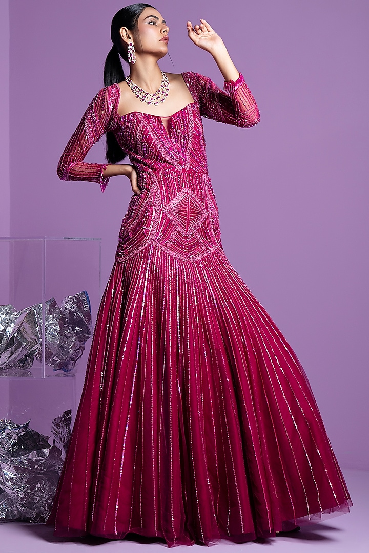 Prism Pink Mesh Embellished Mermaid Wedding Gown by Parul Gandhi at Pernia's Pop Up Shop