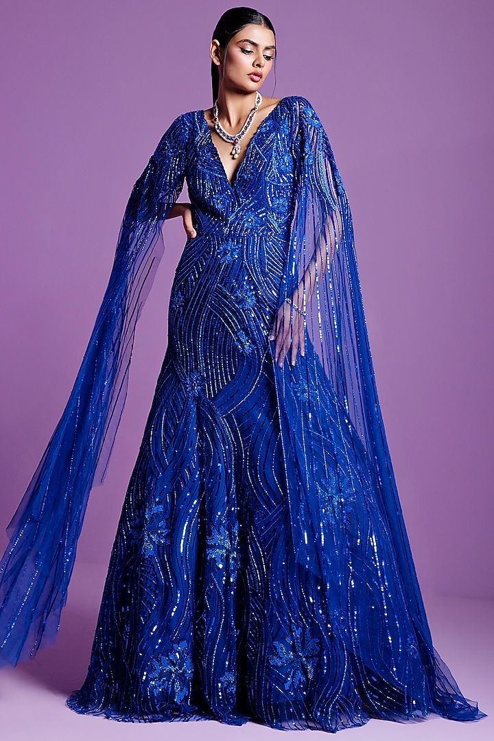 Moonlight Blue Mesh Embellished Mermaid Gown by Parul Gandhi