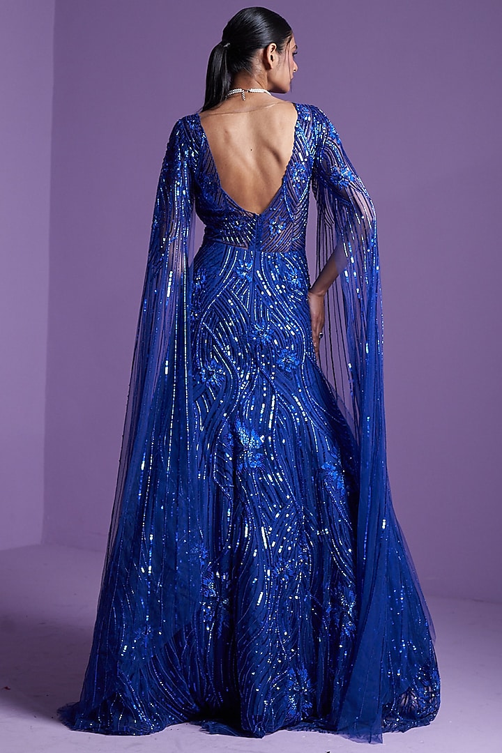 Moonlight Blue Mesh Embellished Mermaid Wedding Gown by Parul Gandhi at Pernia's Pop Up Shop
