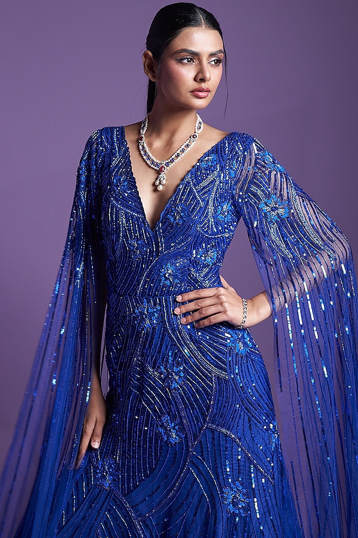 Moonlight Blue Mesh Embellished Mermaid Gown by Parul Gandhi at