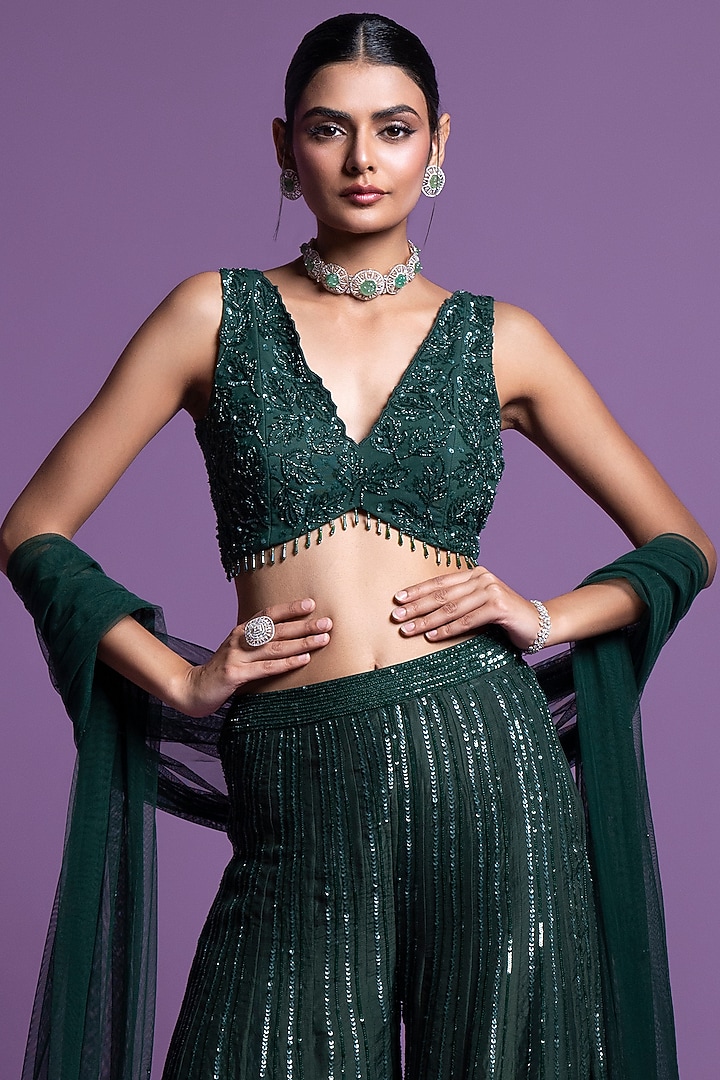 Lush Green Organza Embellished Flared Pant Set by Parul Gandhi at Pernia's Pop Up Shop