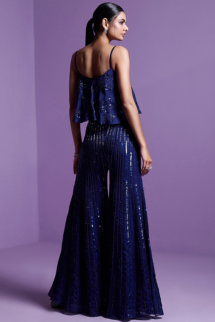 Eclipse Blue Satin Organza Embroidered Pant Set by Parul Gandhi at Pernia's Pop Up Shop