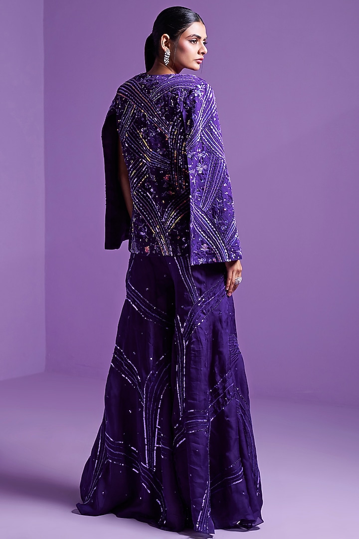 Purple Satin Organza Embroidered Jacket Set by Parul Gandhi at Pernia's Pop Up Shop