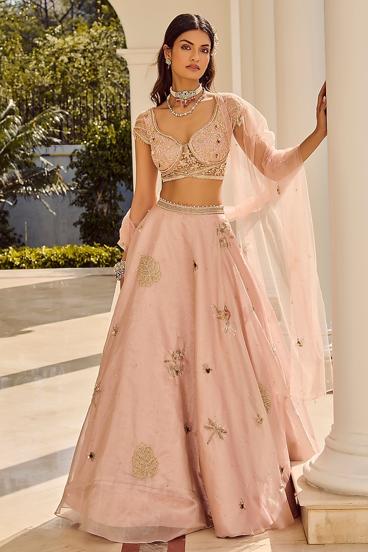 Nude Pink Silk Tissue Hand Embellished Wedding Lehenga Set by PARUL GANDHI at Pernia's Pop Up Shop