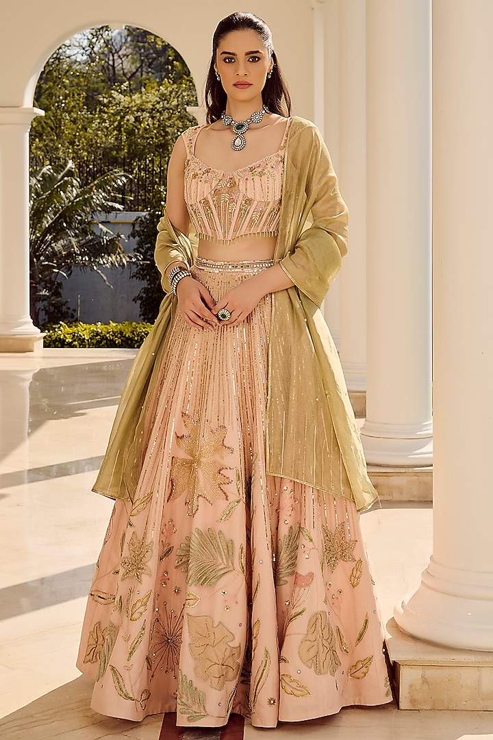 Light Pink Tokyo Mesh Hand Embroidered Wedding Lehenga Set by PARUL GANDHI at Pernia's Pop Up Shop