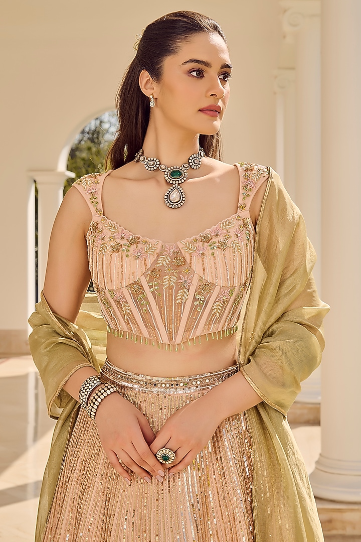 Light Pink Tokyo Mesh Hand Embroidered Wedding Lehenga Set by PARUL GANDHI at Pernia's Pop Up Shop
