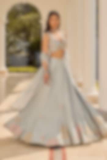 Powder Blue Pure Tissue Hand Embroidered Wedding Lehenga Set by PARUL GANDHI at Pernia's Pop Up Shop