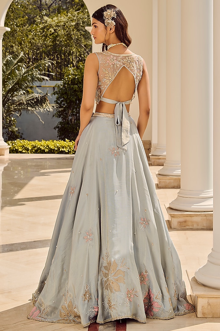 Powder Blue Pure Tissue Hand Embroidered Wedding Lehenga Set by PARUL GANDHI at Pernia's Pop Up Shop
