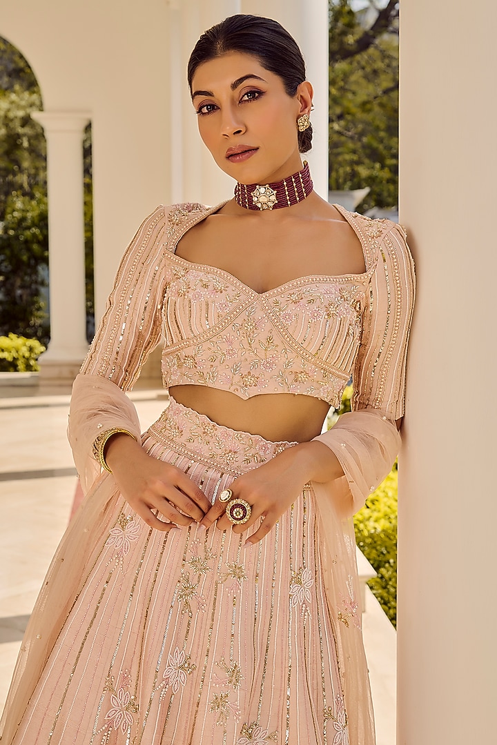 Baby Pink Pure Raw Silk Floral Embroidered Wedding Lehenga Set by PARUL GANDHI at Pernia's Pop Up Shop