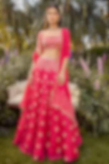 Hot Pink Pure Silk Organza Zardosi Embellished Wedding Lehenga Set by PARUL GANDHI at Pernia's Pop Up Shop