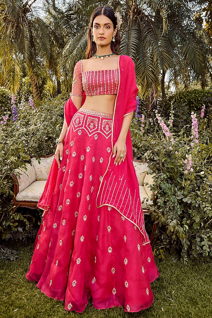 Hot Pink Pure Silk Organza Zardosi Embellished Wedding Lehenga Set by PARUL GANDHI at Pernia's Pop Up Shop