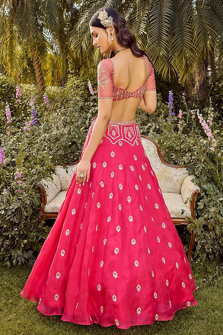 Hot Pink Pure Silk Organza Zardosi Embellished Wedding Lehenga Set by PARUL GANDHI at Pernia's Pop Up Shop