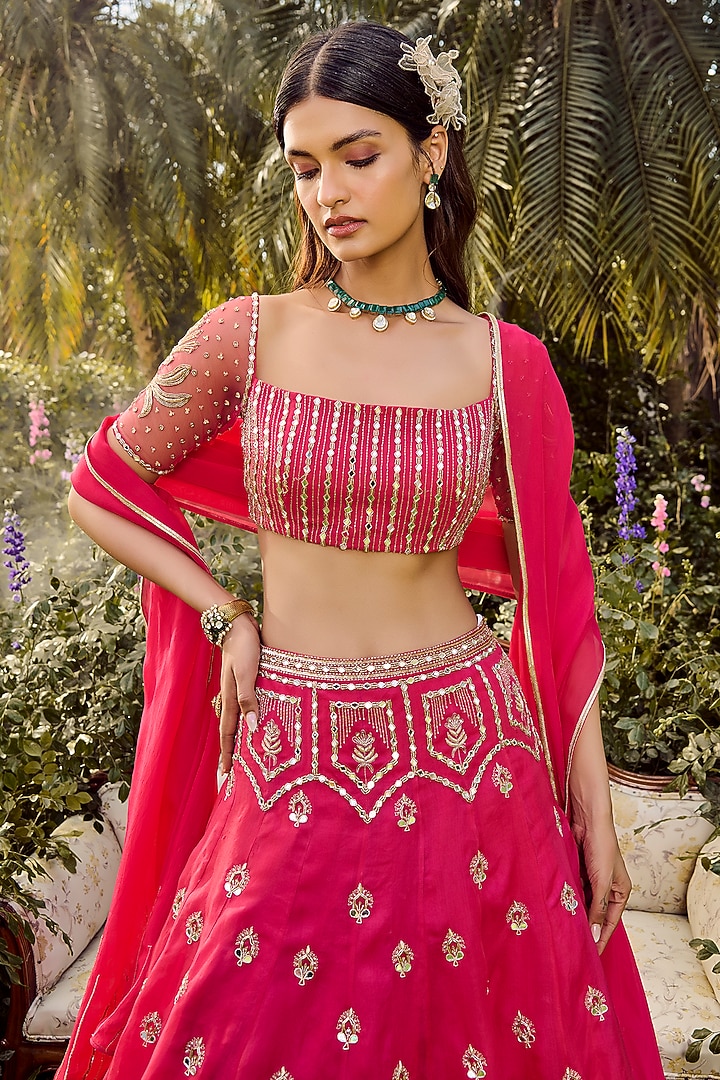 Hot Pink Pure Silk Organza Zardosi Embellished Wedding Lehenga Set by PARUL GANDHI at Pernia's Pop Up Shop