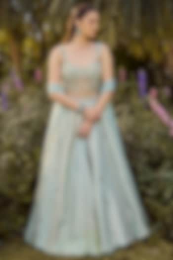 Mint Blue Pure Silk Tissue Hand Embroidered Wedding Lehenga Set by PARUL GANDHI at Pernia's Pop Up Shop