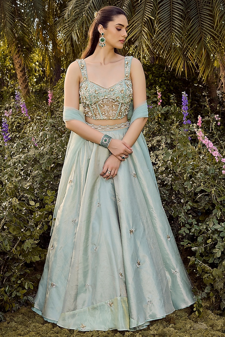 Mint Blue Pure Silk Tissue Hand Embroidered Wedding Lehenga Set by PARUL GANDHI at Pernia's Pop Up Shop