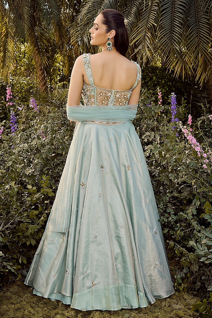 Mint Blue Pure Silk Tissue Hand Embroidered Wedding Lehenga Set by PARUL GANDHI at Pernia's Pop Up Shop