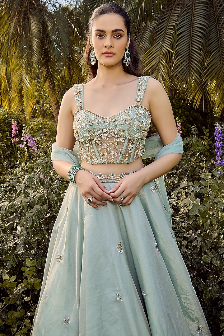 Mint Blue Pure Silk Tissue Hand Embroidered Wedding Lehenga Set by PARUL GANDHI at Pernia's Pop Up Shop
