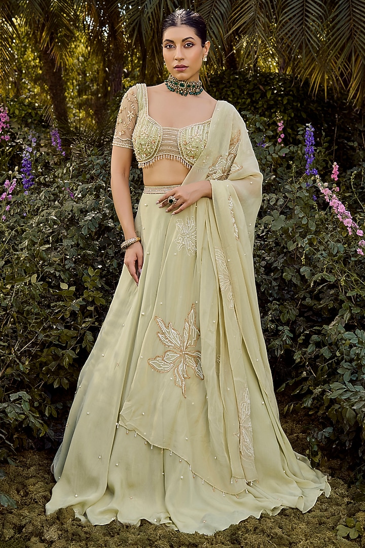 Pista Green Silk Organza Pearl Hand Embroidered Wedding Lehenga Set by PARUL GANDHI at Pernia's Pop Up Shop