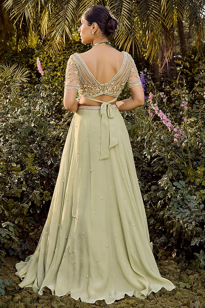 Pista Green Silk Organza Pearl Hand Embroidered Wedding Lehenga Set by PARUL GANDHI at Pernia's Pop Up Shop