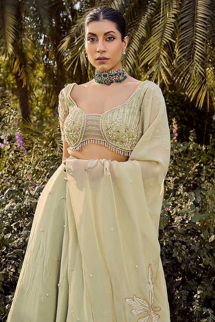 Pista Green Silk Organza Pearl Hand Embroidered Wedding Lehenga Set by PARUL GANDHI at Pernia's Pop Up Shop