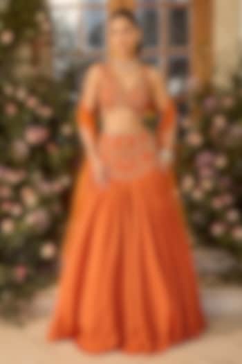 Orange Silk Organza Zardosi Embellished Wedding Lehenga Set by PARUL GANDHI at Pernia's Pop Up Shop