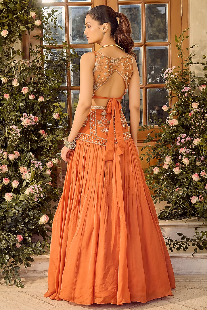 Orange Silk Organza Zardosi Embellished Wedding Lehenga Set by PARUL GANDHI at Pernia's Pop Up Shop