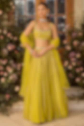 Lime Green Shimmer Georgette Hand Embroidered Wedding Lehenga Set by PARUL GANDHI at Pernia's Pop Up Shop