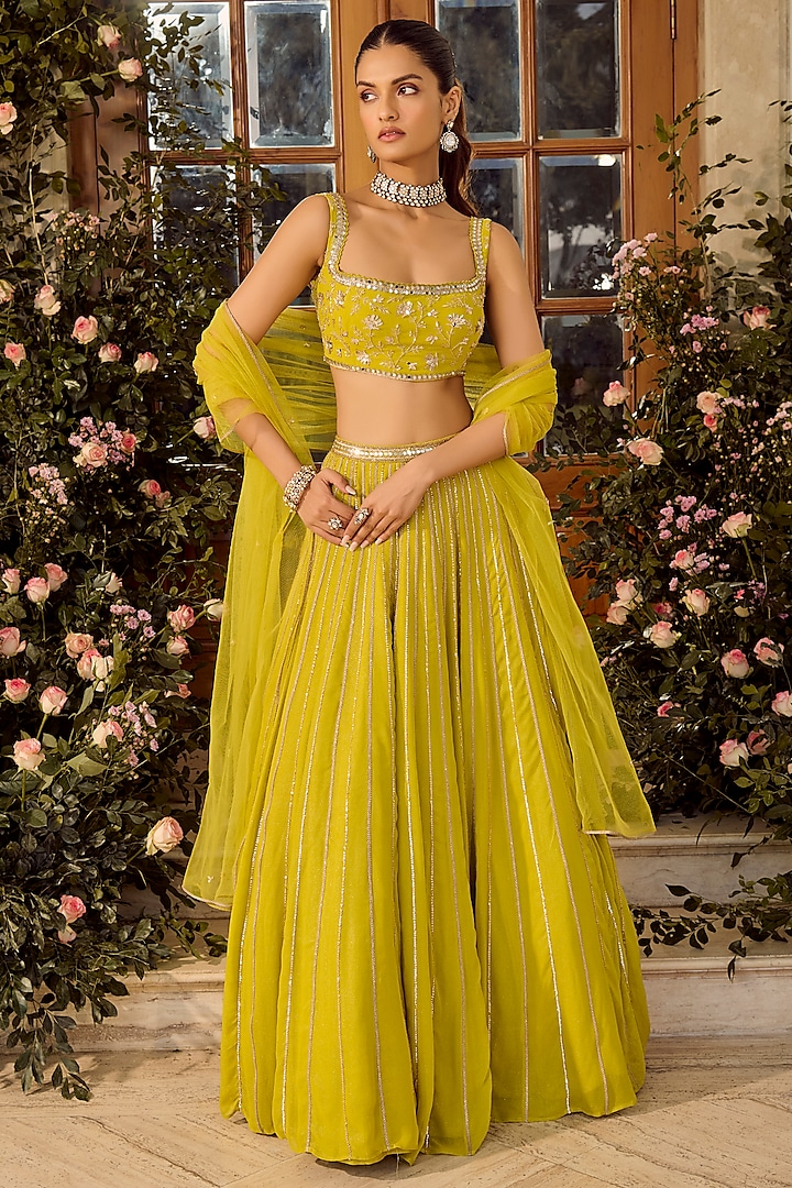 Lime Green Shimmer Georgette Hand Embroidered Wedding Lehenga Set by PARUL GANDHI at Pernia's Pop Up Shop