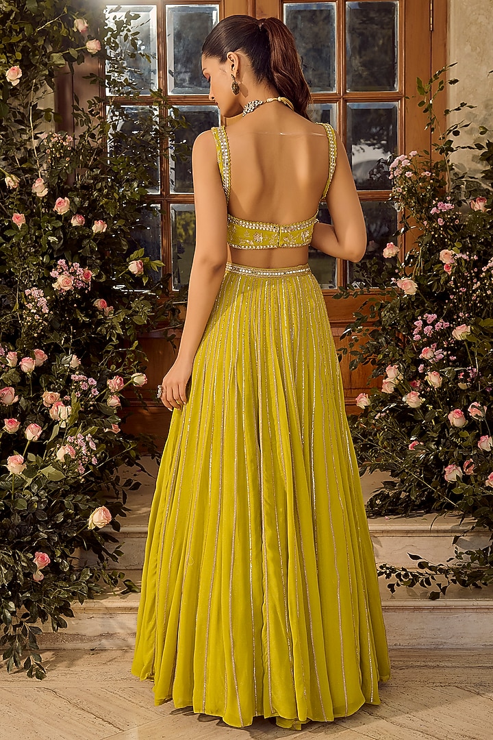 Lime Green Shimmer Georgette Hand Embroidered Wedding Lehenga Set by PARUL GANDHI at Pernia's Pop Up Shop