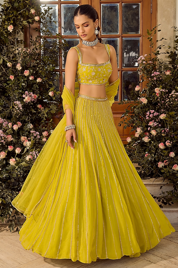 Lime Green Shimmer Georgette Hand Embroidered Wedding Lehenga Set by PARUL GANDHI at Pernia's Pop Up Shop