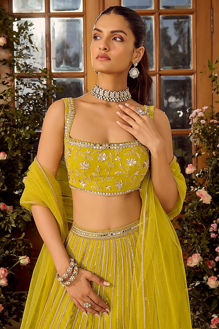 Lime Green Shimmer Georgette Hand Embroidered Wedding Lehenga Set by PARUL GANDHI at Pernia's Pop Up Shop