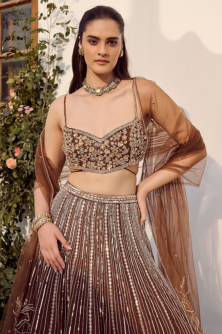 Mocha Brown Tokyo Mesh Hand Embellished Wedding Lehenga Set by PARUL GANDHI at Pernia's Pop Up Shop
