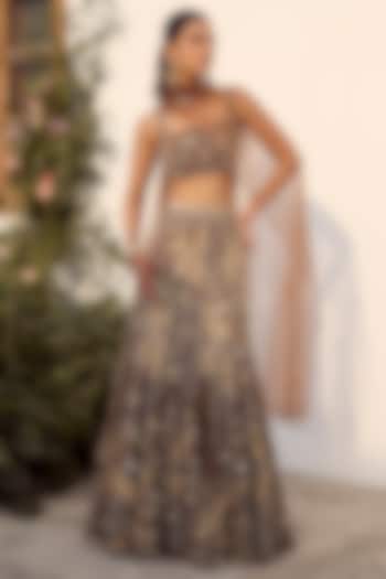 Mocha Brown Tokyo Mesh Zardosi Embroidered Fish-Cut Bridal Lehenga Set by PARUL GANDHI at Pernia's Pop Up Shop