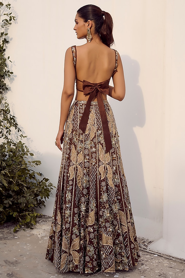 Mocha Brown Tokyo Mesh Zardosi Embroidered Fish-Cut Bridal Lehenga Set by PARUL GANDHI at Pernia's Pop Up Shop