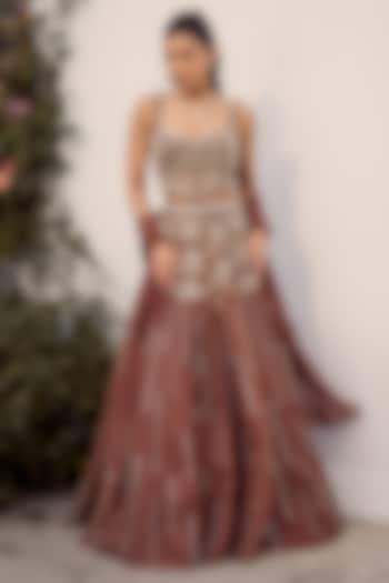 Mocha Brown Silk Organza Hand Embroidered A-Line Wedding Lehenga Set by PARUL GANDHI at Pernia's Pop Up Shop