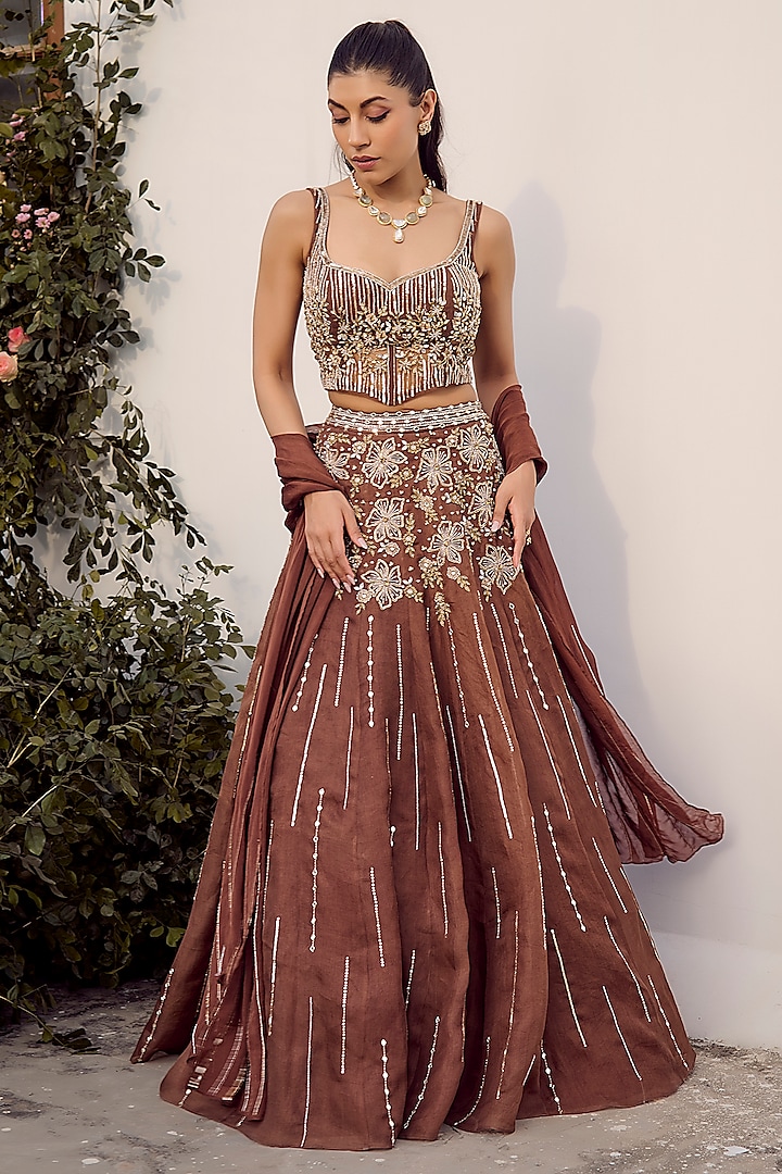 Mocha Brown Silk Organza Hand Embroidered A-Line Wedding Lehenga Set by PARUL GANDHI at Pernia's Pop Up Shop